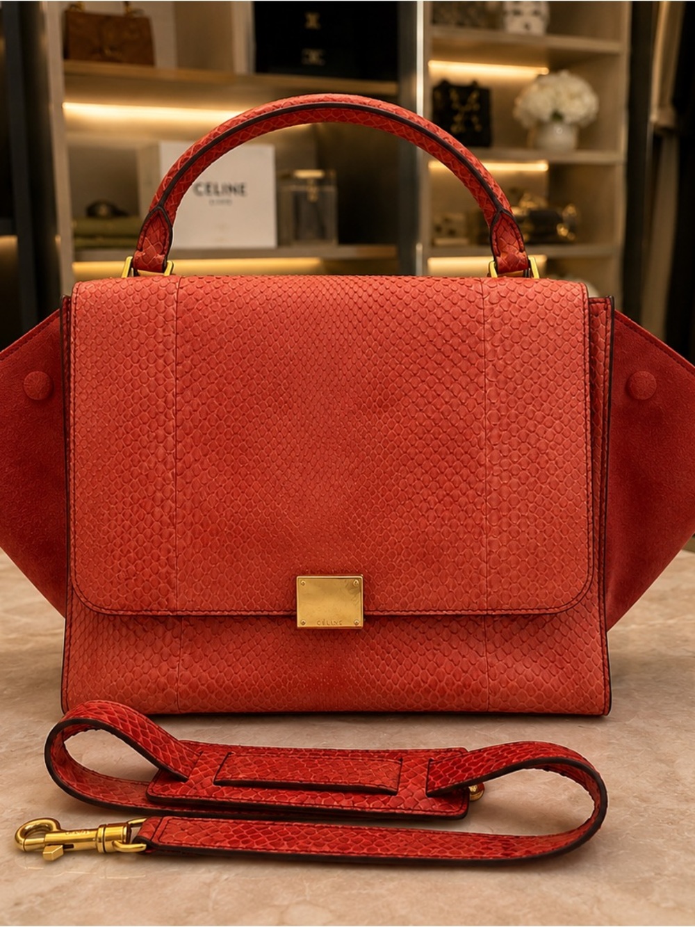 Authentic Rare Celine Trappeze Red Python & Suede Handbag - COA included
